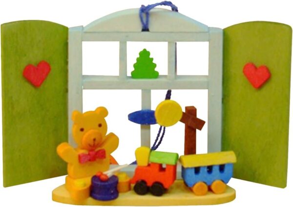 Alexander Taron Importer 4255 Graupner Ornament - Teddy with Toys/Window - 2.25" H x 3.25" W x 1" D, Yellow